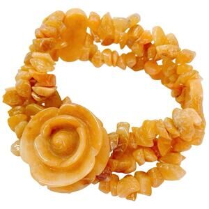 Genuine Honey Jade Gemstone Carved Rose Stretch Bracelet Boho Yellow Floral VTG